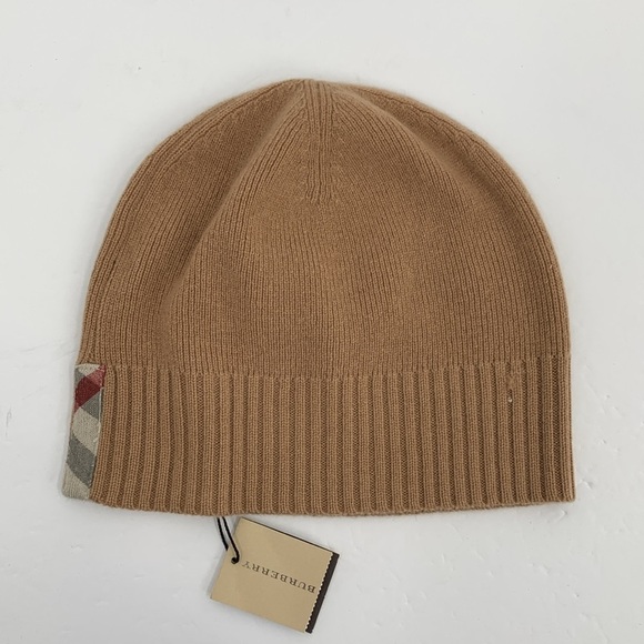 Burberry Cashmere camel knitted beanie hat cap stretch Nova check plaid trim new - Picture 1 of 3